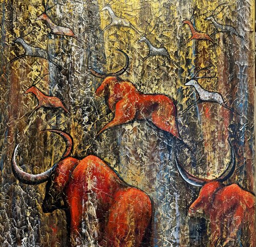 Bull Painting Original Textured Artwork 100x100 Cave Painting Hunting Artwork Large Fantasy Modern Contemporary Wall Art by Nataliya Rozhdestvenskaya, Painting for Sale on Select