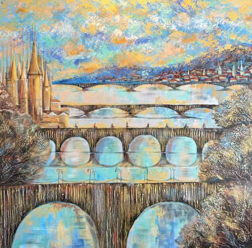 Golden Bridges of Prague by Nataliya Rozhdestvenskaya, Painting for Sale on Select