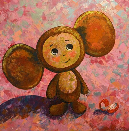 Cheburashka. The Last Orange Dream. Original Painting 100x100 Pop Art by Nataliya Rozhdestvenskaya, Painting for Sale on Select
