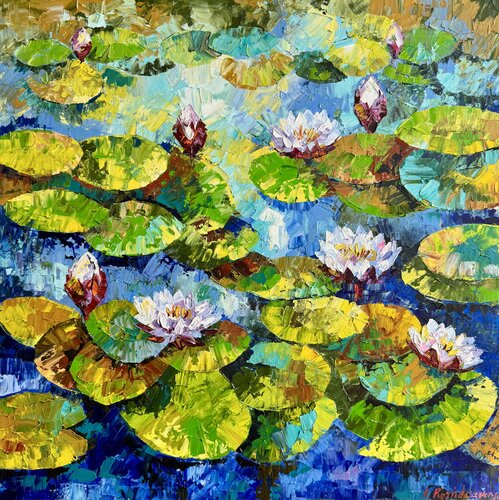 Water Lily Painting Original Oil Artwork 50x50 Flowers Impasto Painting Lake with Lilies von Nataliya Rozhdestvenskaya, Malerei kaufen auf Select