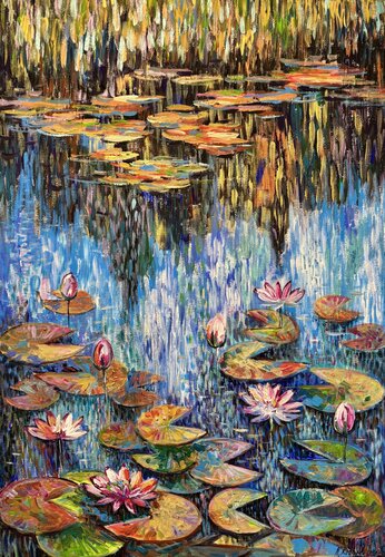 Lily Painting Original Artwork 100x70 Flower Painting Botanical Art Floral Lake with Lilies Water lily by Nataliya Rozhdestvenskaya, Painting for Sale on Select