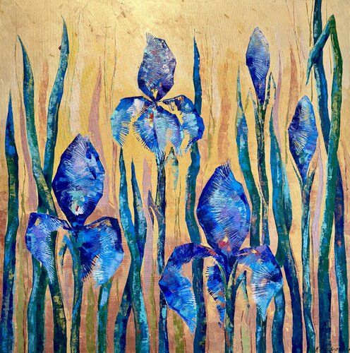 Irises on the Golden 100x100 Original Painting by Nataliya Rozhdestvenskaya, Painting for Sale on Select
