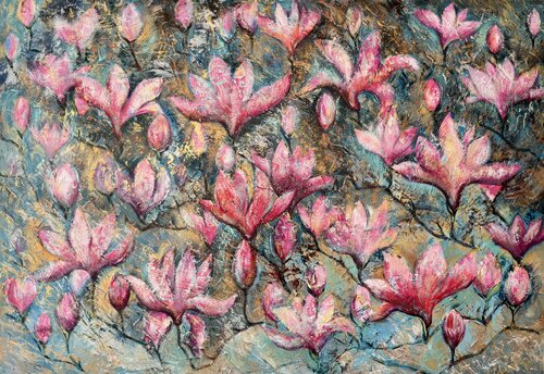 Petals of Expectation Original Painting 100x70 Magnolia Textured Modern Large Art by Nataliya Rozhdestvenskaya, Painting for Sale on Select