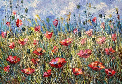 Poppy Field Original Oil Impasto Painting Flower Field by Nataliya Rozhdestvenskaya, Painting for Sale on Select