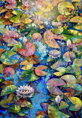 Lily Painting Original Artwork 100x70 Flower Painting Botanical Art Floral Lake with Lilies Water lily by Nataliya Rozhdestvenskaya, Painting for Sale on Select