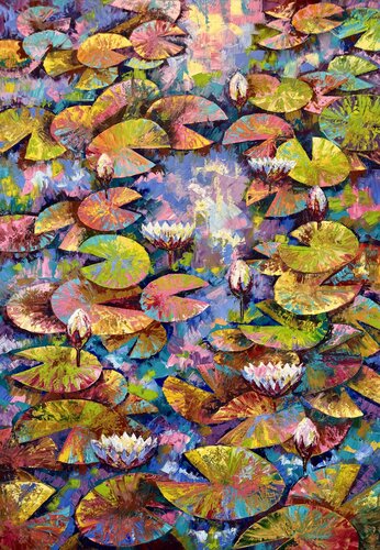 Water Lily Painting Original Impasto Oil Artwork 100/70 Water Lilies in the Lake Flowers Painting by Nataliya Rozhdestvenskaya, Painting for Sale on Select