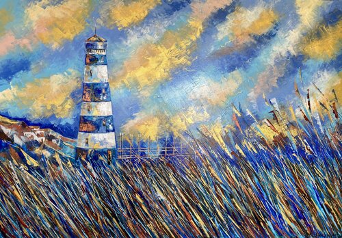 Lighthouse Painting Original Artwork 100/70 Coastline Sea Seascape Large Modern Art by Nataliya Rozhdestvenskaya, Painting for Sale on Select