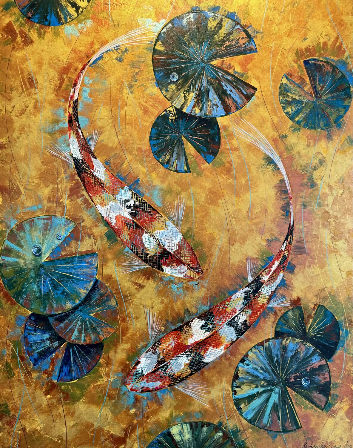 Koi Carp Painting Original  Artwork Fish Red Carp in a Pond Good Luck Symbol Art. Nataliya Rozhdestvenskaya Original painting for sale