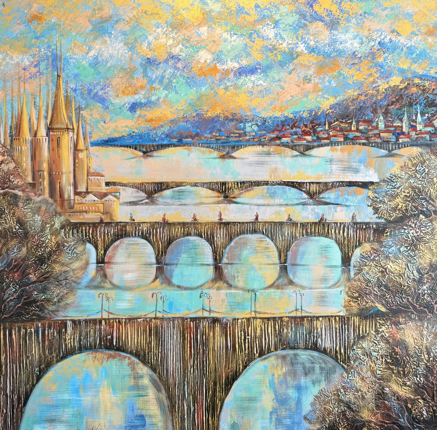 Golden Bridges of Prague Nataliya Rozhdestvenskaya Original painting for sale