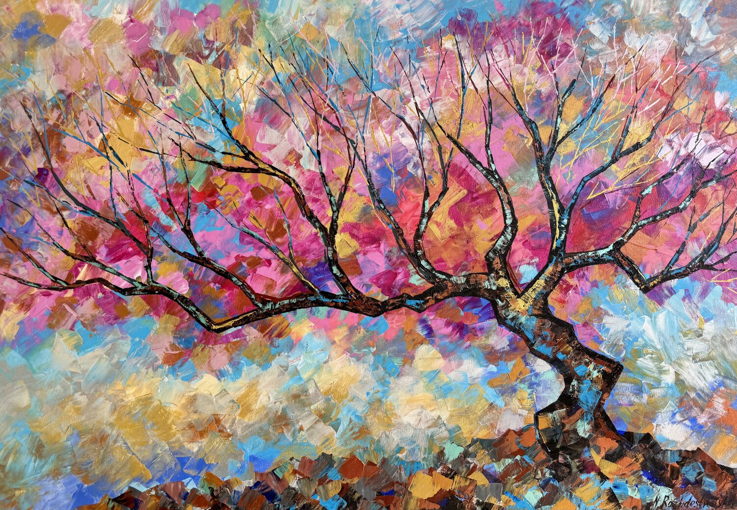 Cherry Blossoms Artwork Original  Painting Bright Landscape  Wall Art Nataliya Rozhdestvenskaya Original painting for sale