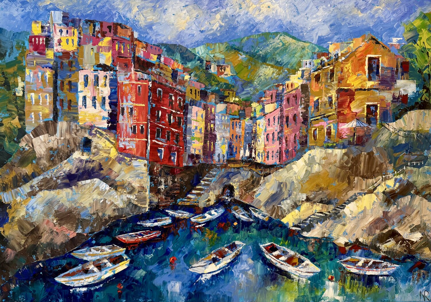 Cinque Terre Painting Oil  Landscape Ligurian Coastline Nataliya Rozhdestvenskaya Original painting for sale