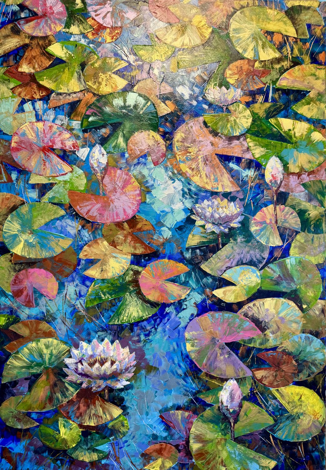 Lily Painting Original Artwork 100x70 Flower Painting Botanical Art Floral Lake with Lilies Water lily Nataliya Rozhdestvenskaya Original painting for sale