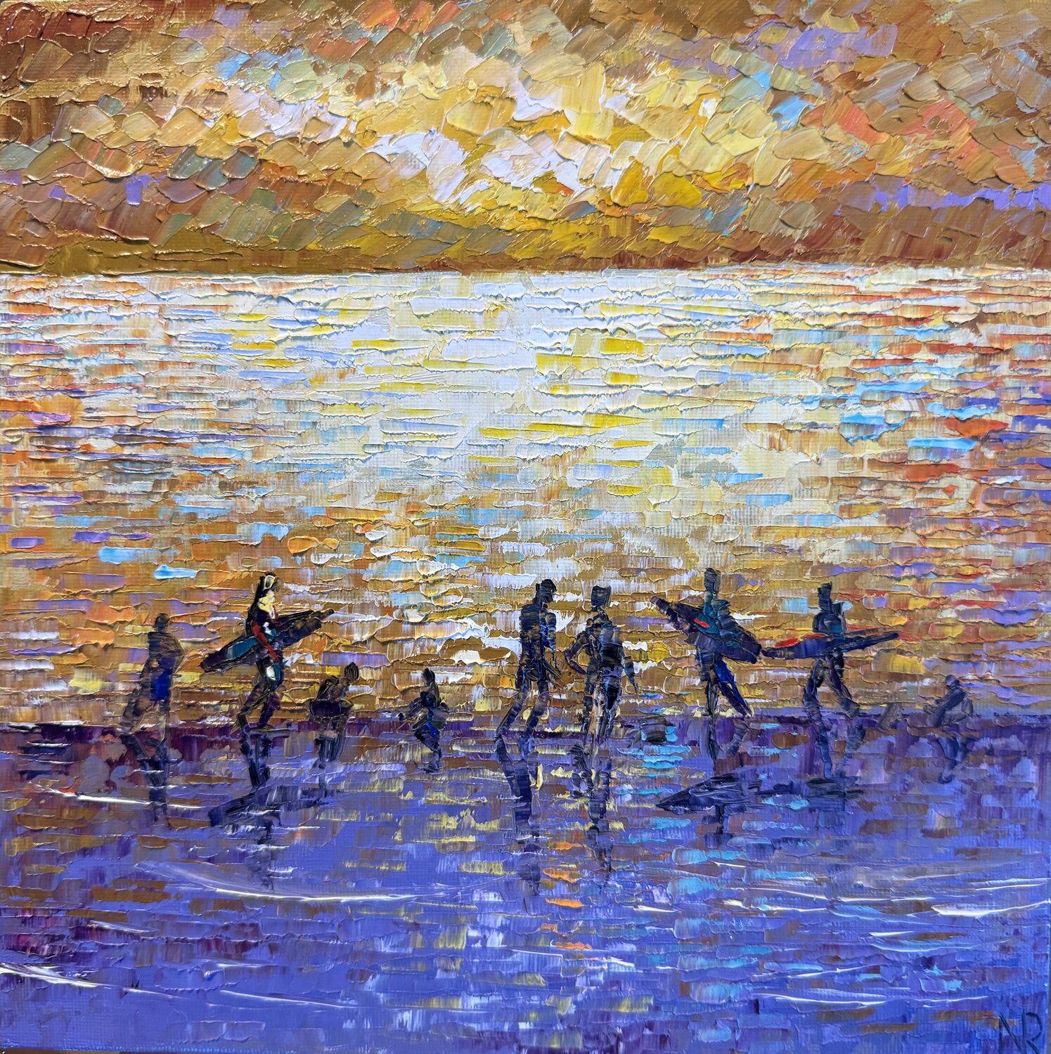 Sunset Surfers Landscape Oil Painting  Textured Palette Knife Art Impressionist Wall Art Nataliya Rozhdestvenskaya Original painting for sale