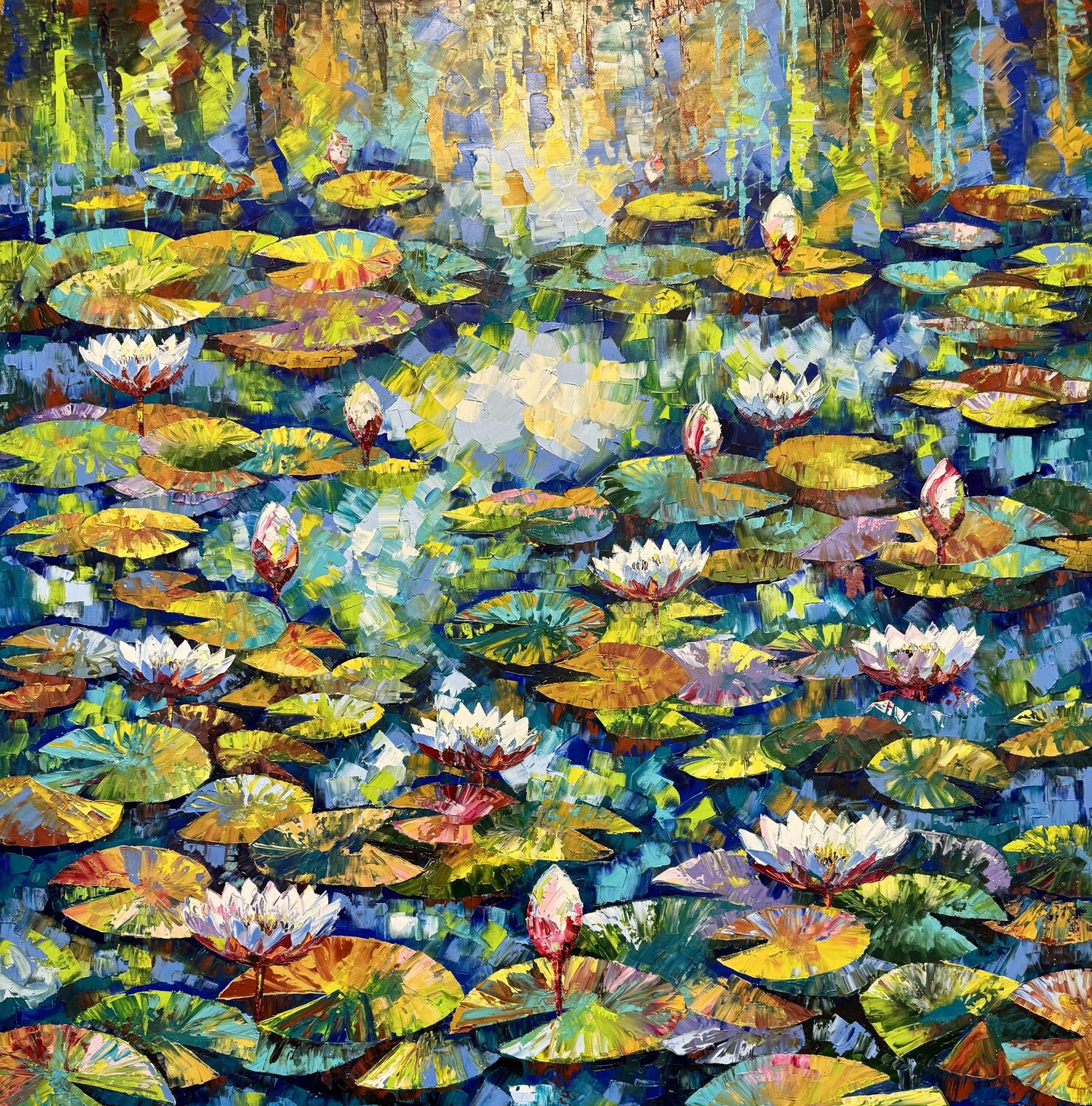 Water Lily Painting Original Impasto Oil Artwork 100/100 Water Lilies in the Lake Flowers Painting Nataliya Rozhdestvenskaya Original painting for sale
