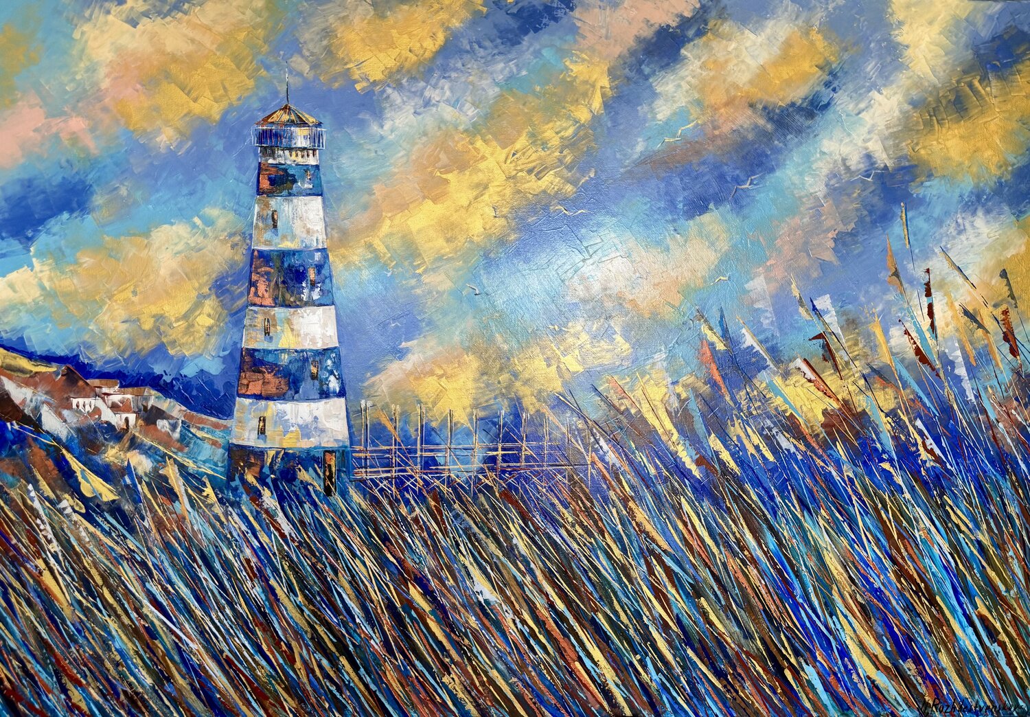 Lighthouse Painting Original Artwork 100/70 Coastline Sea Seascape Large Modern Art Nataliya Rozhdestvenskaya Original painting for sale