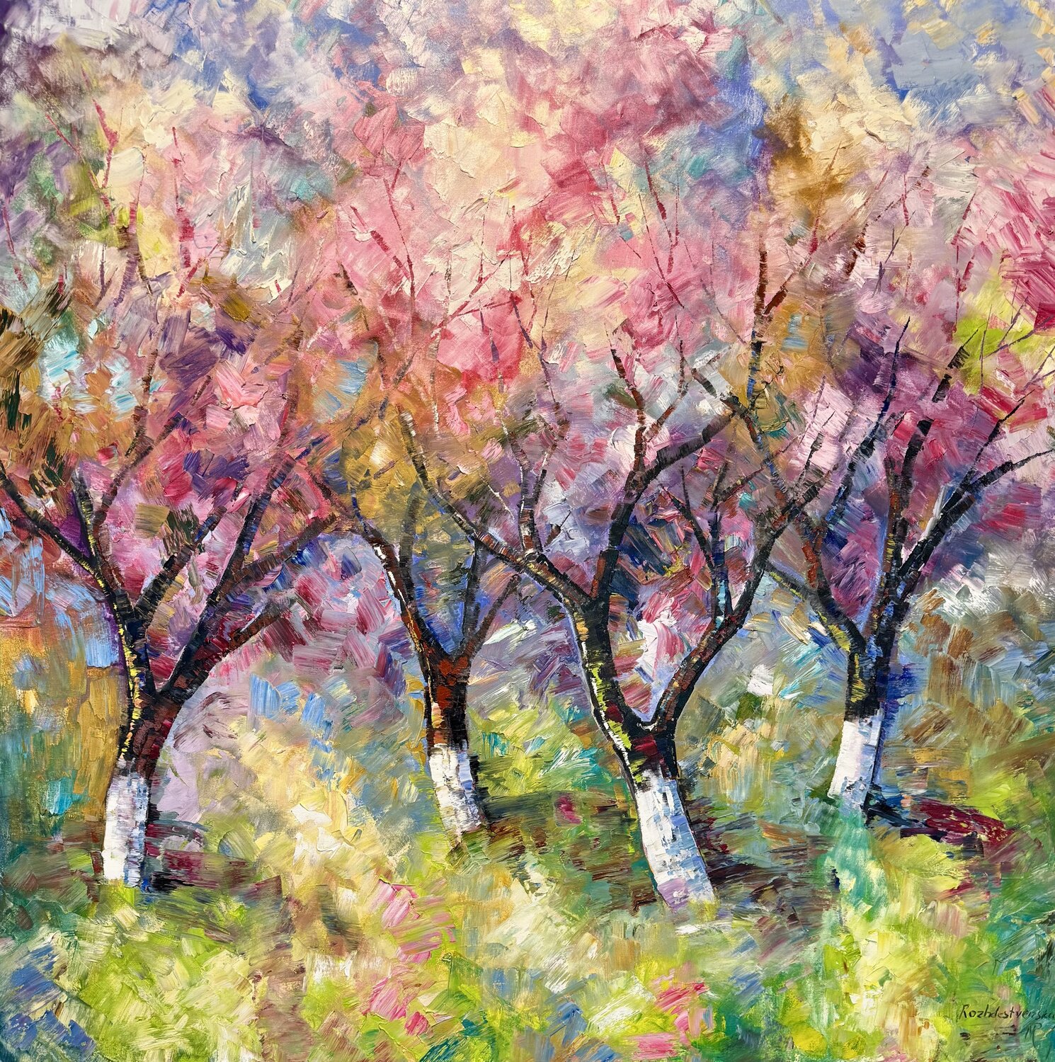 Cherry Orchard Impasto Oil Painting 100/100 Tree Blossoms Nataliya Rozhdestvenskaya Original painting for sale