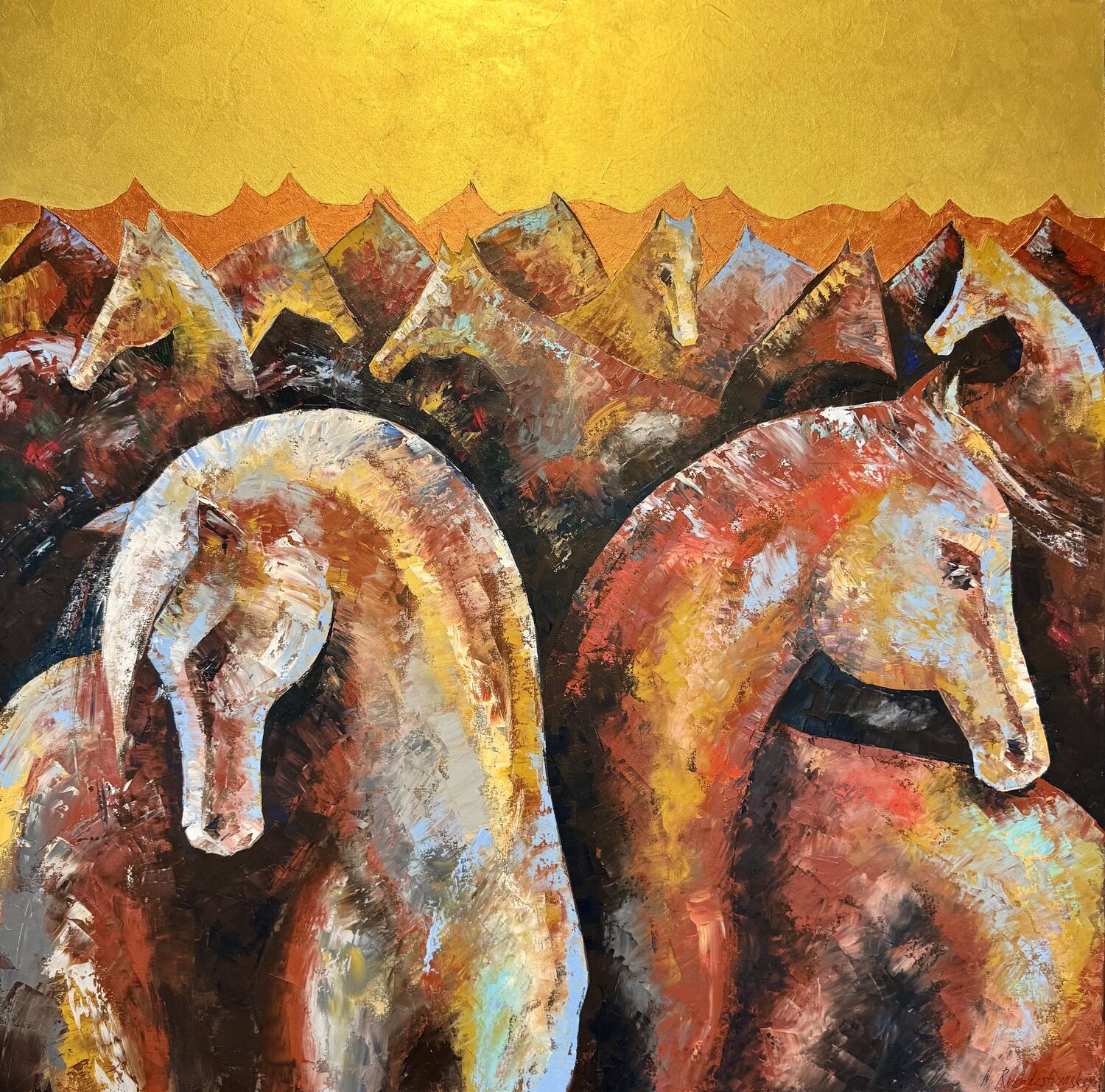 Horses in the Golden Light Original Oil Painting 100/100 Nataliya Rozhdestvenskaya Original painting for sale