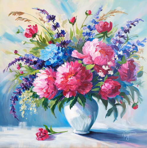 Lovely magenta paeonies by Jana Magdova, Painting for Sale on Select