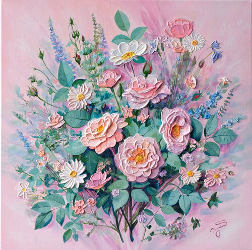 Vibrant blooming of damascene roses by Jana Magdova, Painting for Sale on Select