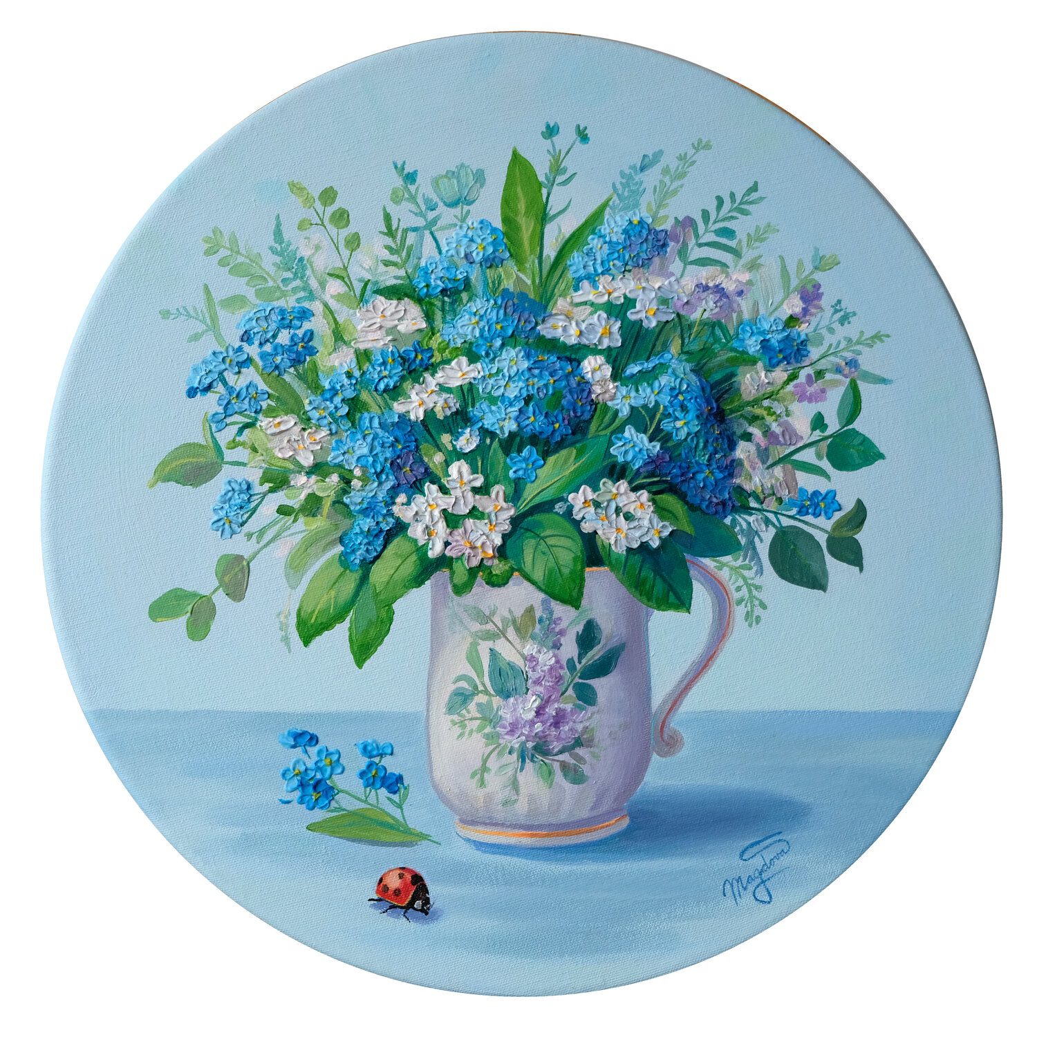 Forget-me-nots blossom harmony ROUND Jana Magdova Original painting for sale