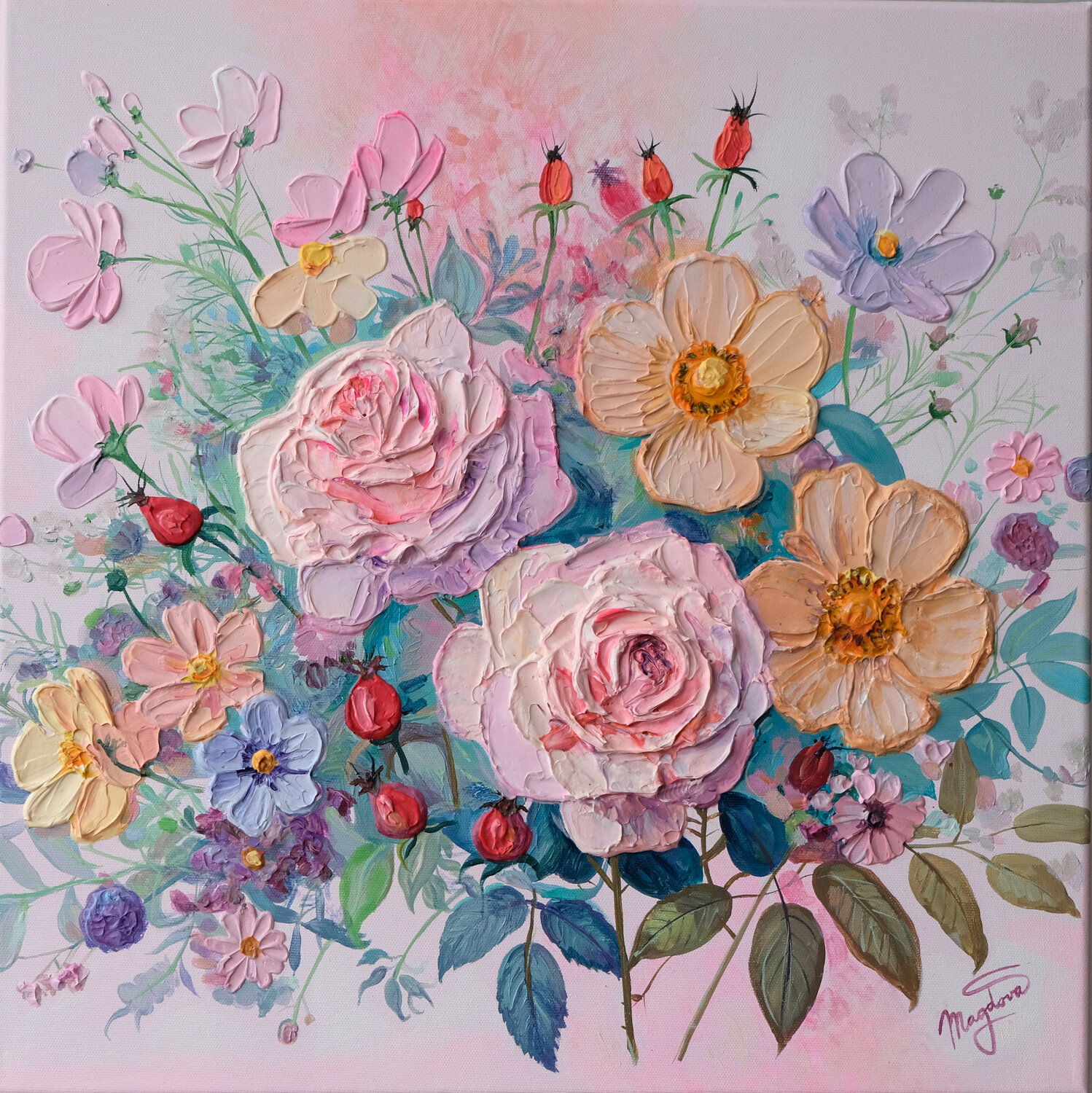 The pink roses breathe of love Jana Magdova Original painting for sale