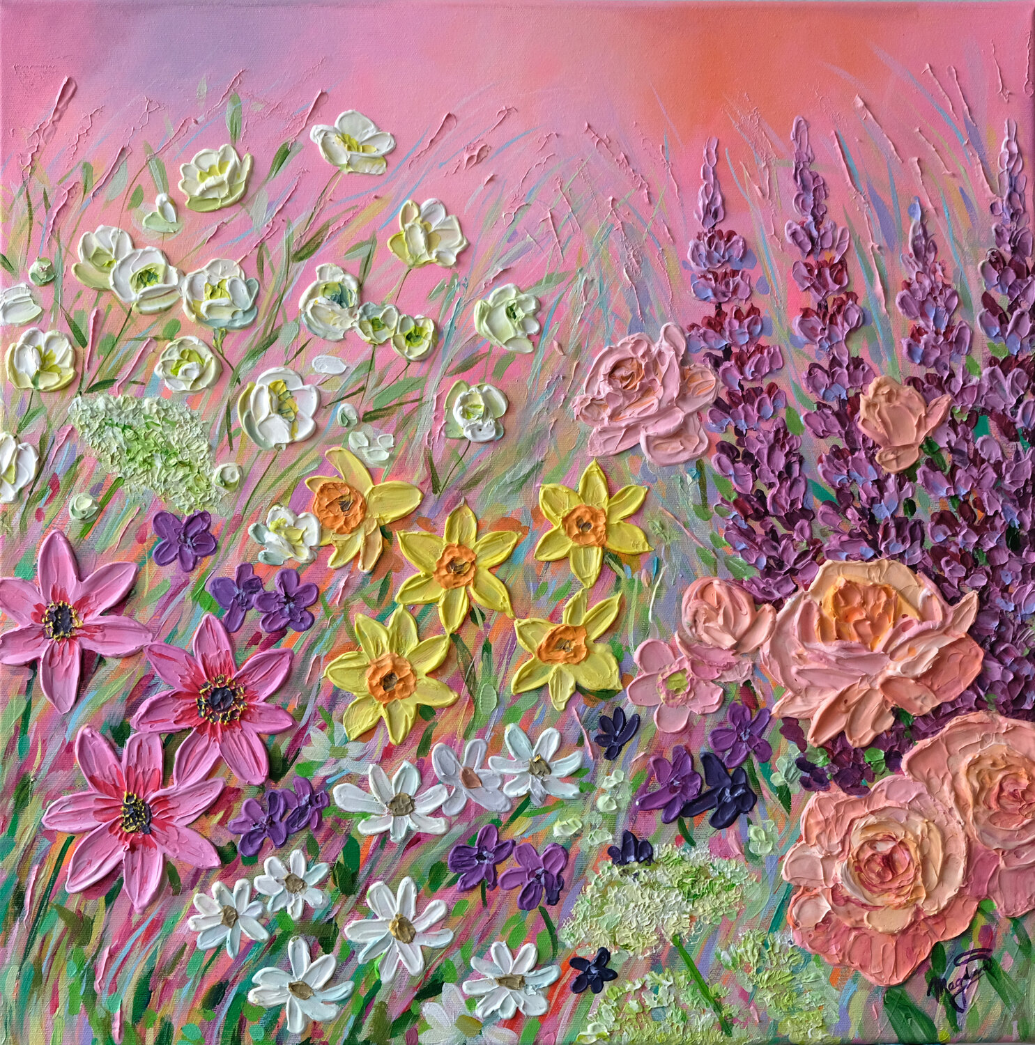Flower garden symphony in bloom Jana Magdova Original painting for sale
