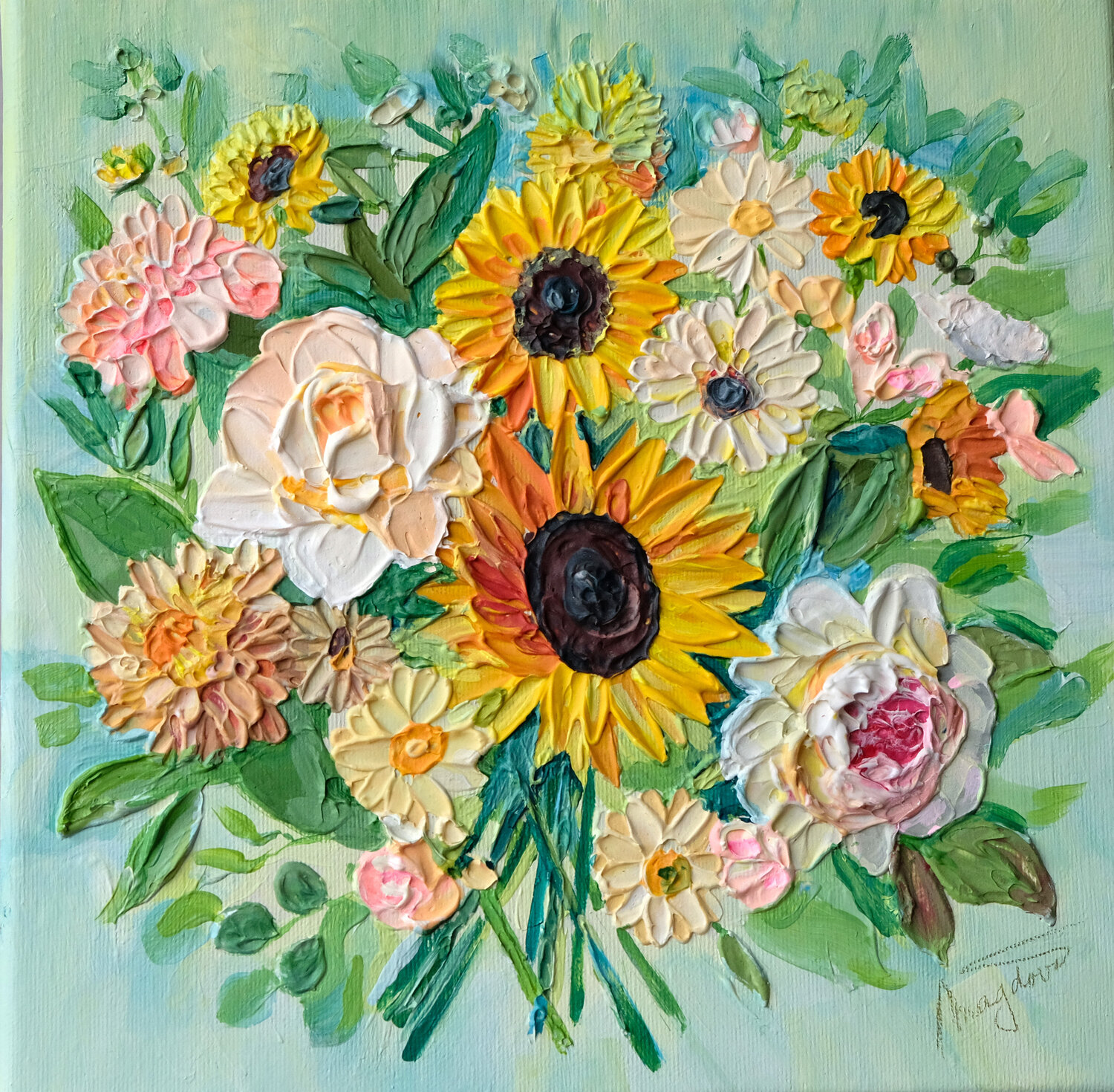 Sunflowers and roses in bloom Jana Magdova Original painting for sale