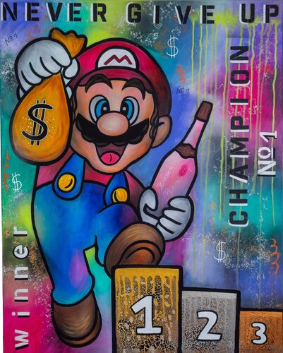 Super Mario - Never give up by Nadine Riedl, Painting for Sale on Select
