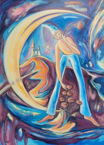 "Pierrot cueillant des fleurs de lune" by Laurence Moretto, Painting for Sale on Select