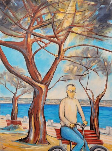 "Vélocipédiste en bord de mer" by Laurence Moretto, Painting for Sale on Select