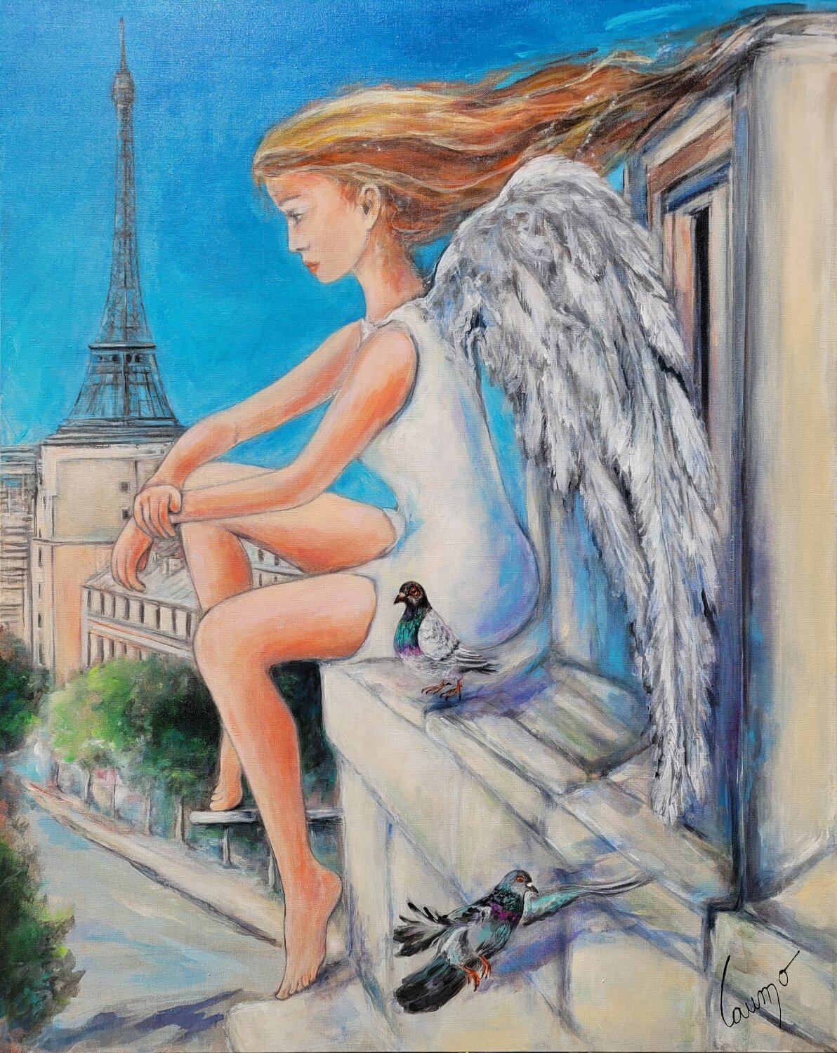 "Un ange sur Paris" Laurence Moretto Original painting for sale