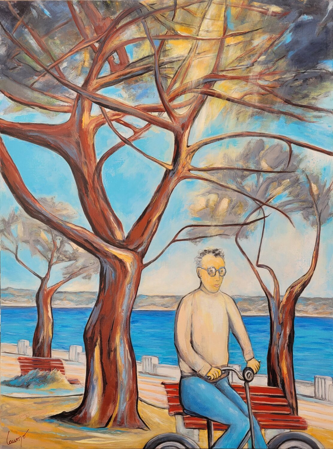 "Vélocipédiste en bord de mer" Laurence Moretto Original painting for sale