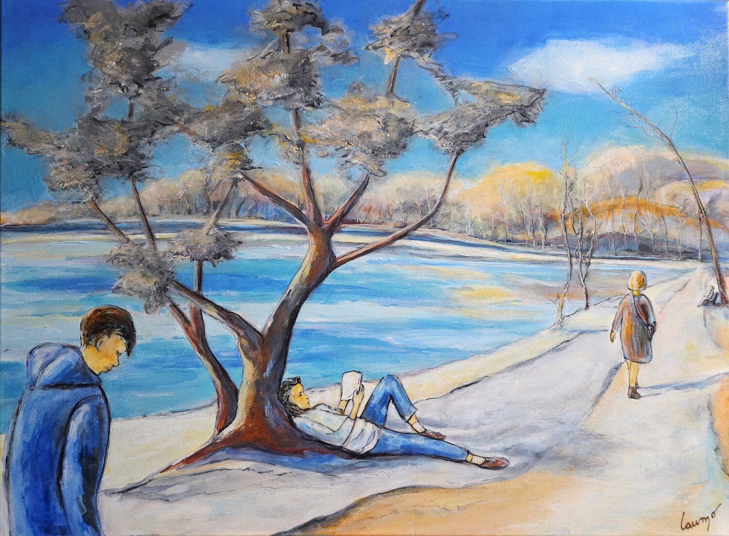 "Détente au bord du lac" (Cestas/Gironde/France" Laurence Moretto Original painting for sale
