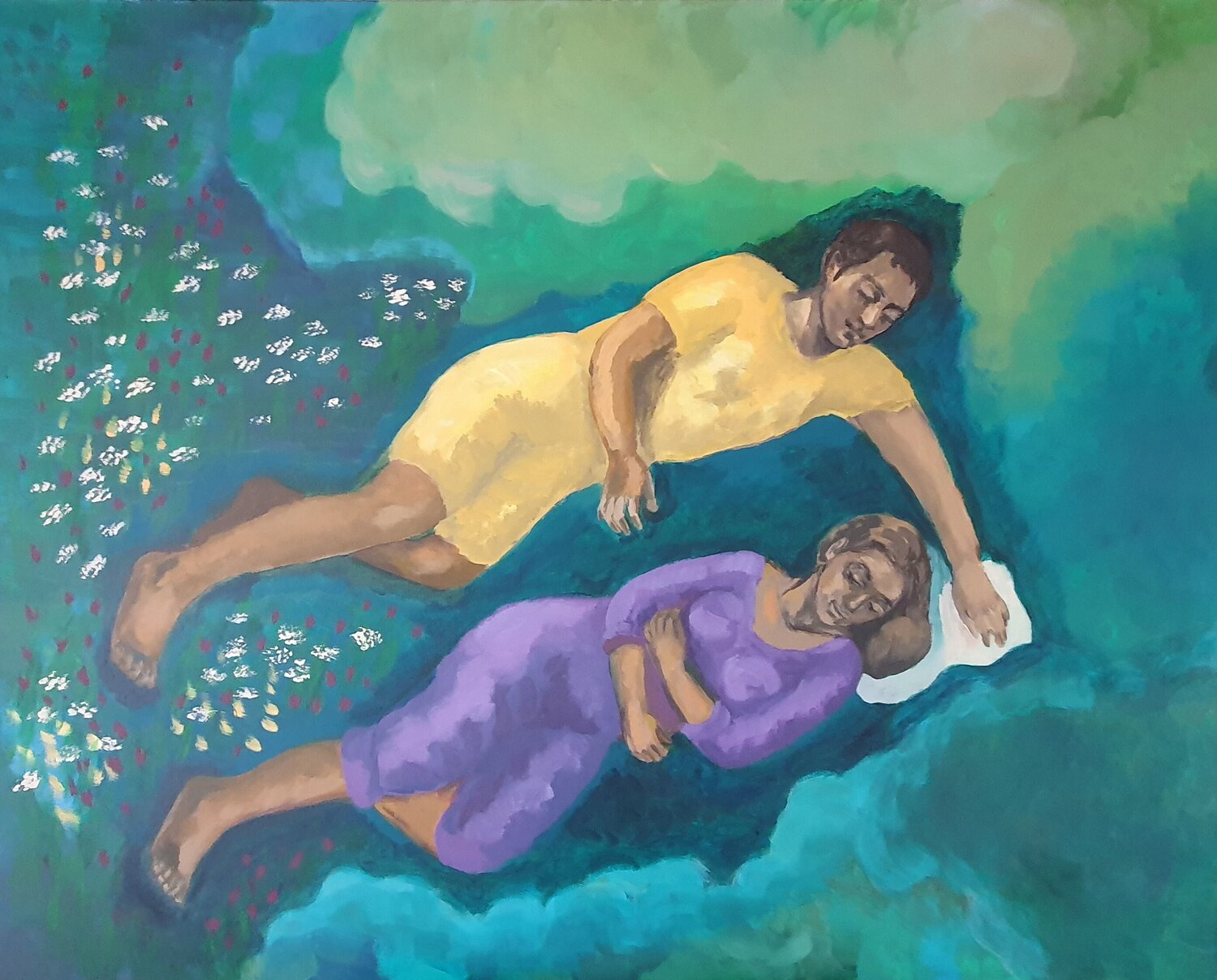 Yellow and violet against a green background Sarah Hamm Original painting for sale