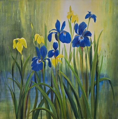 Schwertlilien am Teich by Henriette Lorkowski, Painting for Sale on Select