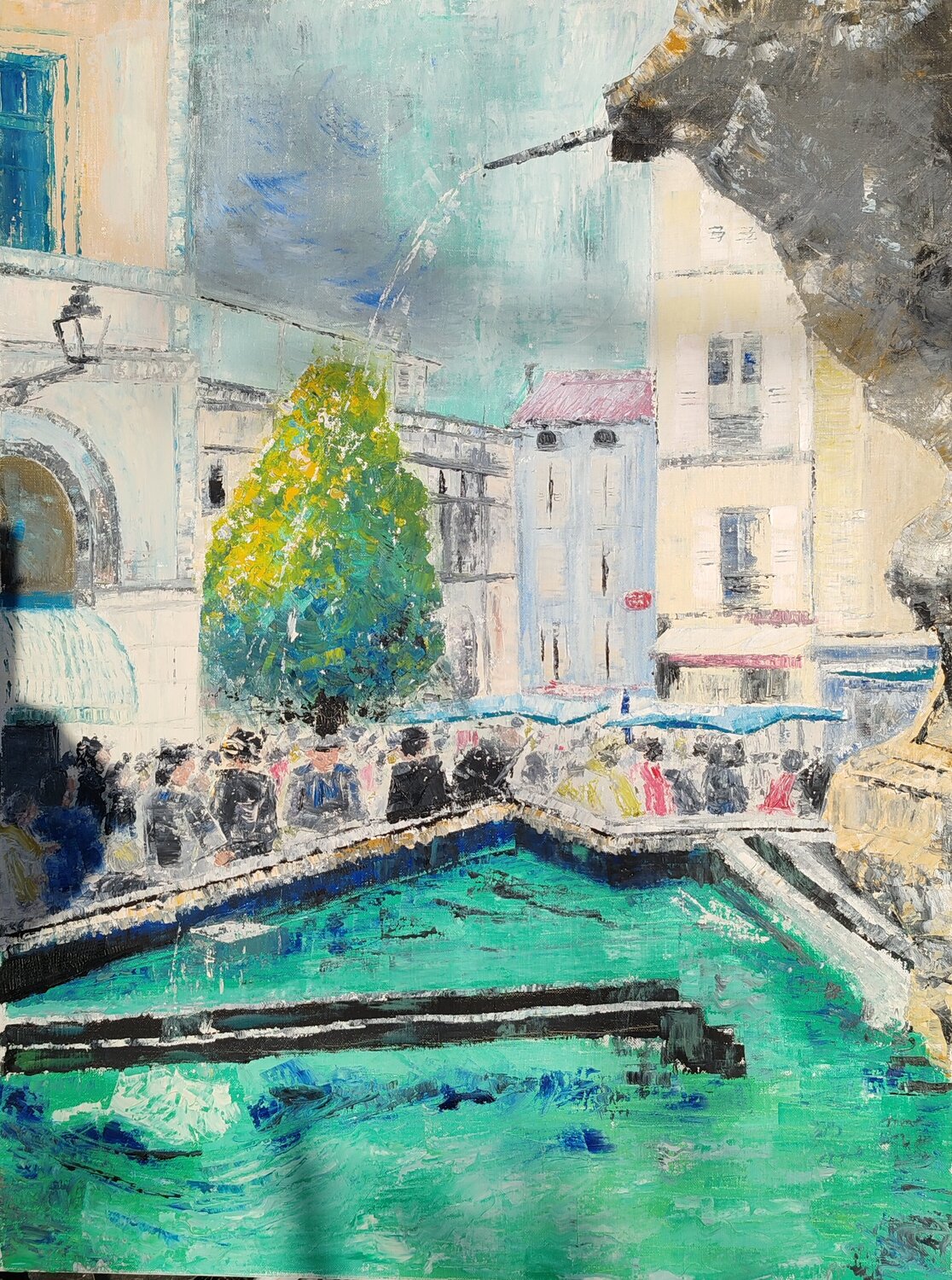Jour de marché  autour de la fontaine Christiane Benoit Original painting for sale