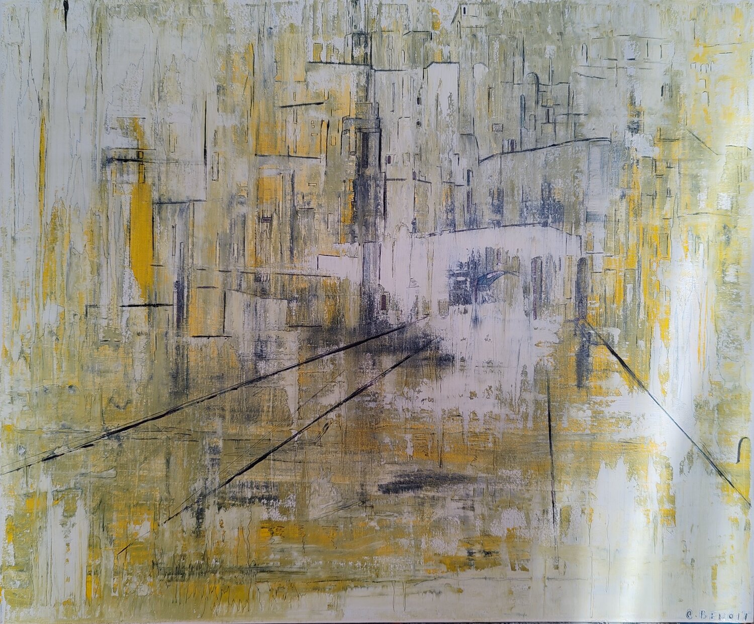 Paysage urbain : entre pluie et soleil Christiane Benoit Original painting for sale