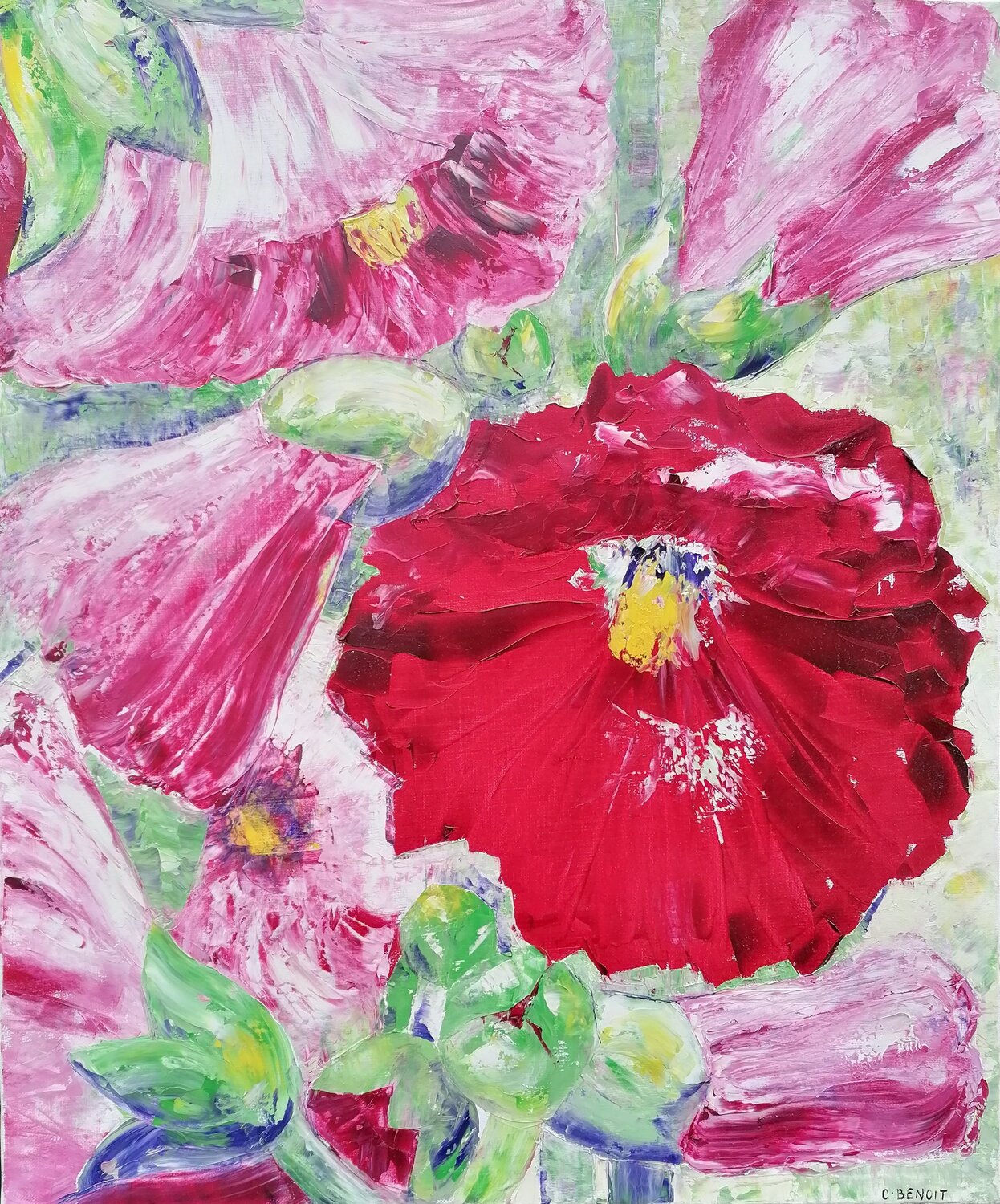 Roses trémières bis Christiane Benoit Original painting for sale