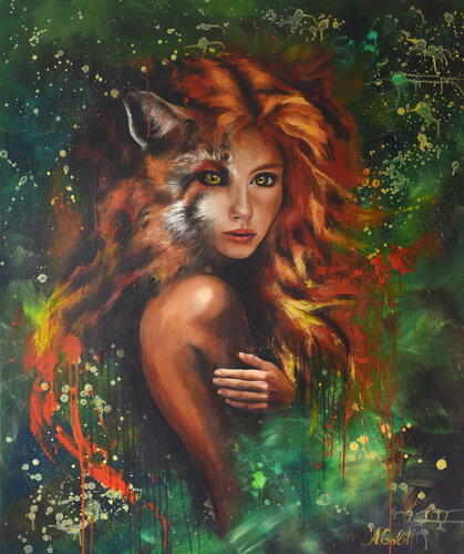 " Fox Girl transformation " or " Kitsune in the Emerald Forest " by Anna Gold, Painting for Sale on Select