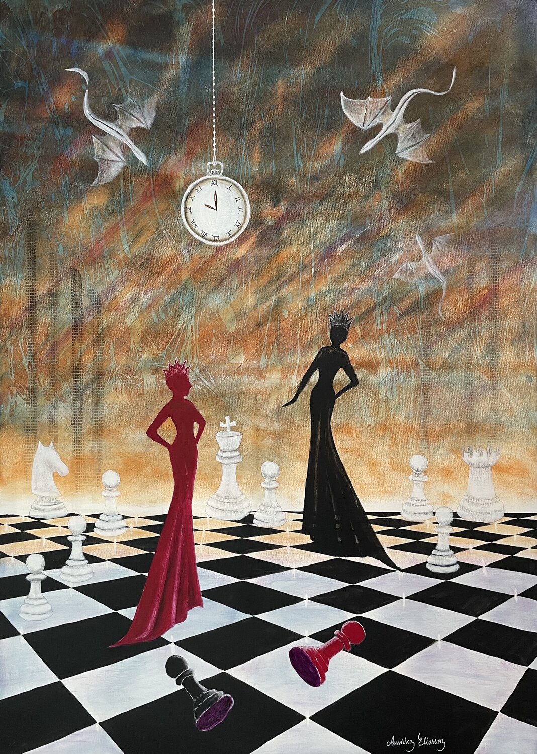 Queens of chess Annika Eliasson Original painting for sale