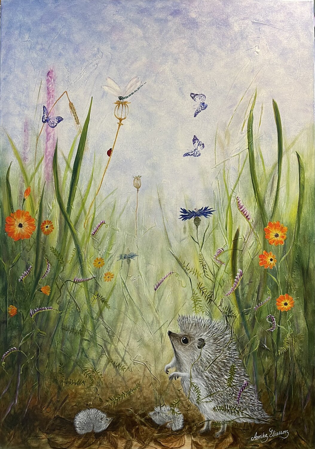 Little Hedgehog family Annika Eliasson Original painting for sale