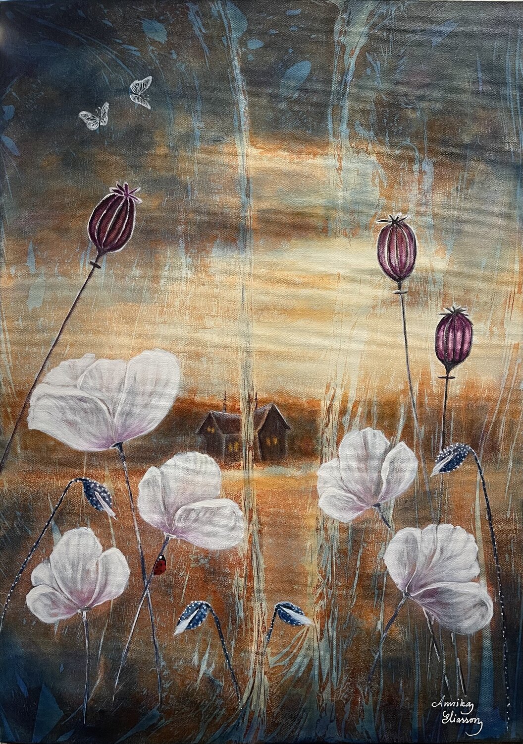 Ladybug and white poppies Annika Eliasson Original painting for sale