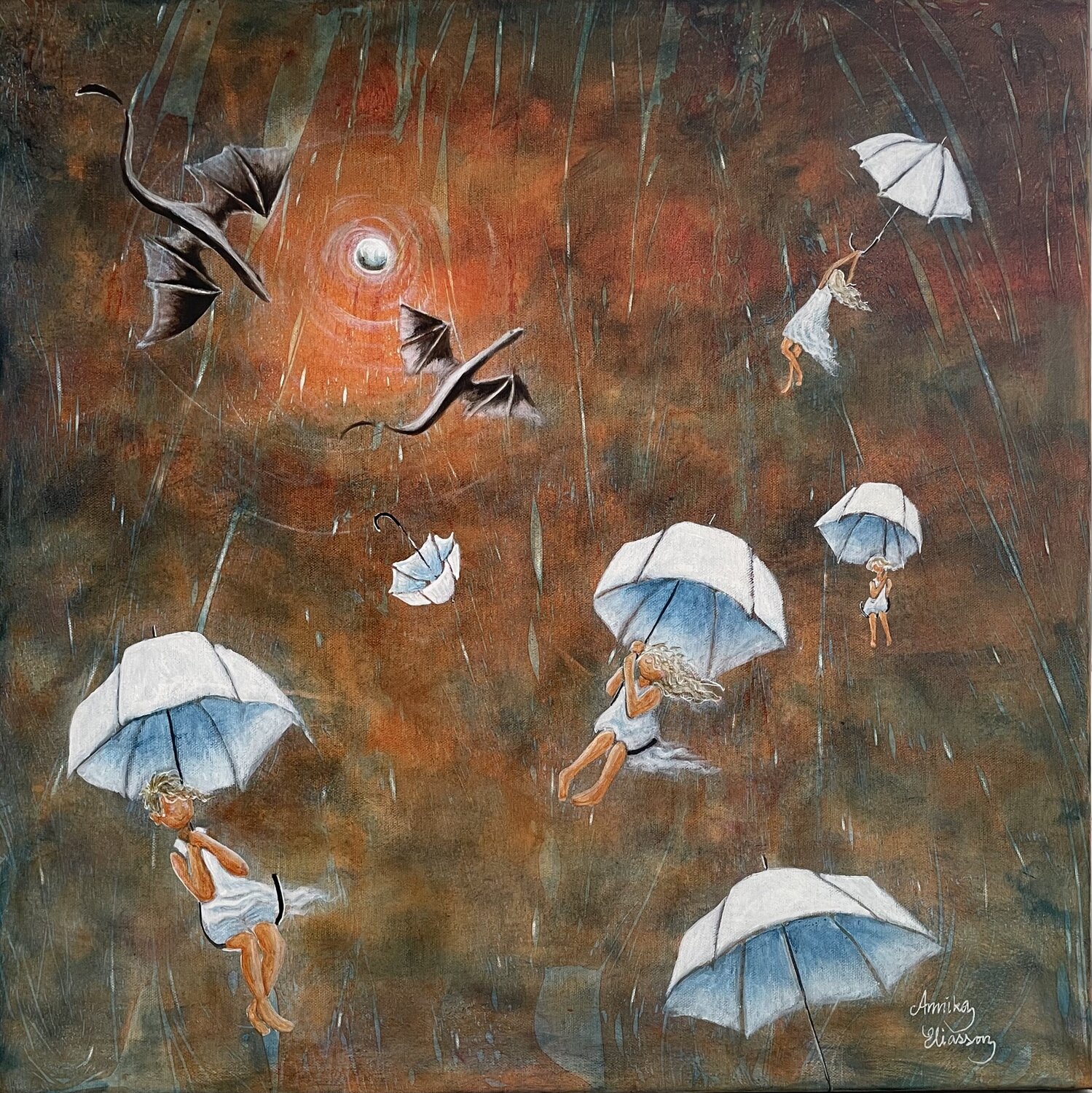 The umbrella trip Annika Eliasson Original painting for sale