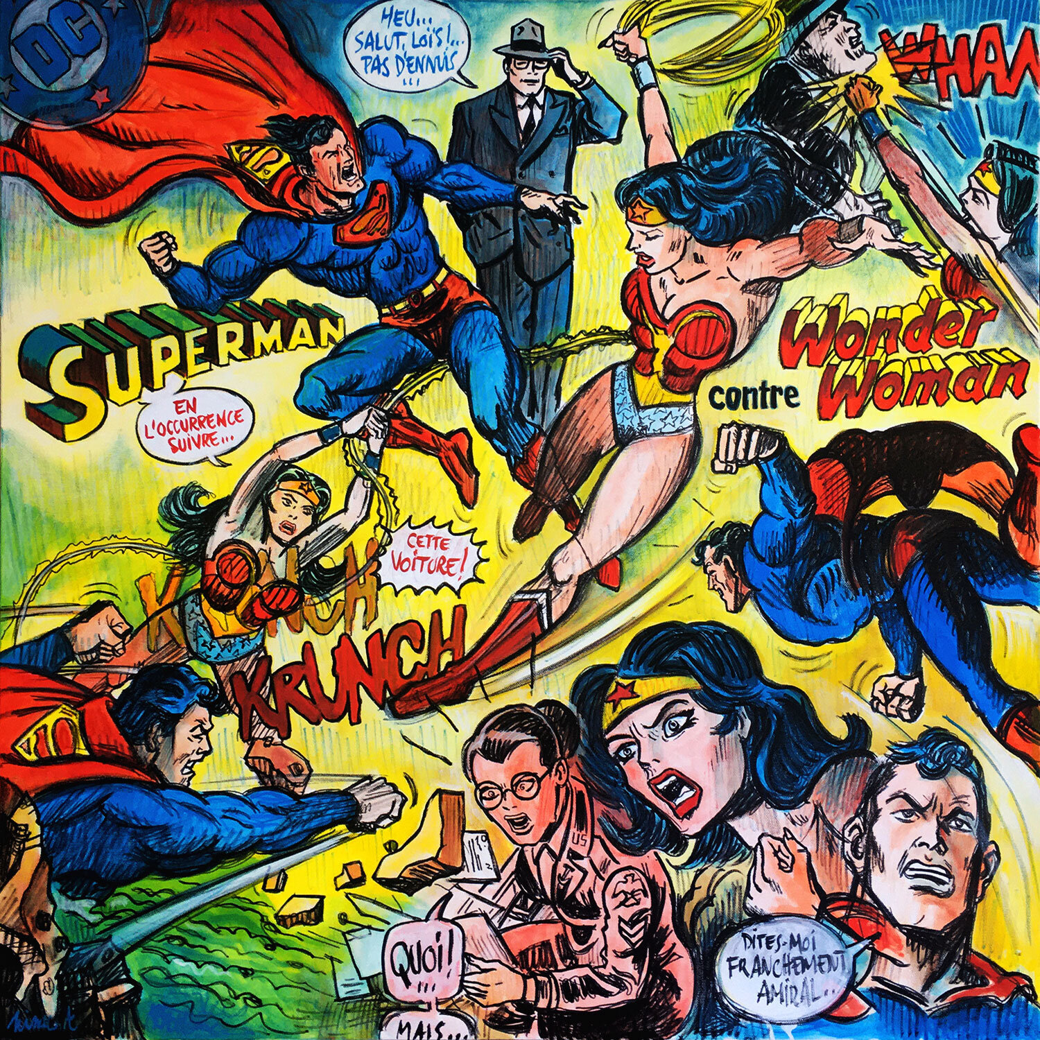 Superman vs Wonder woman Gilles Pierre Original painting for sale