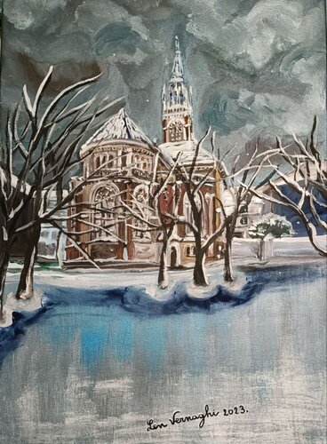 Johanneskirche auf dem Martin-Luther-Platz, Landeshauptstadt Düsseldorf by Len Vernaghi, Painting for Sale on Select