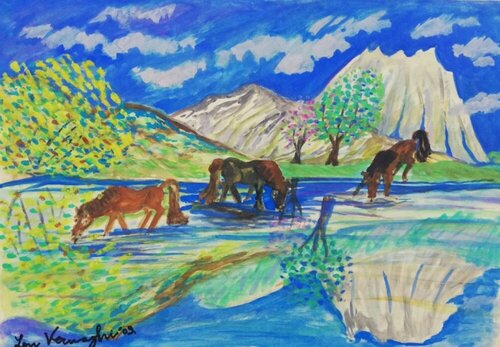 Cavalli al fiume by Len Vernaghi, Painting for Sale on Select