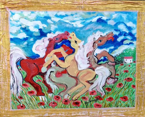 Gioco di cavalli sul prato by Len Vernaghi, Painting for Sale on Select