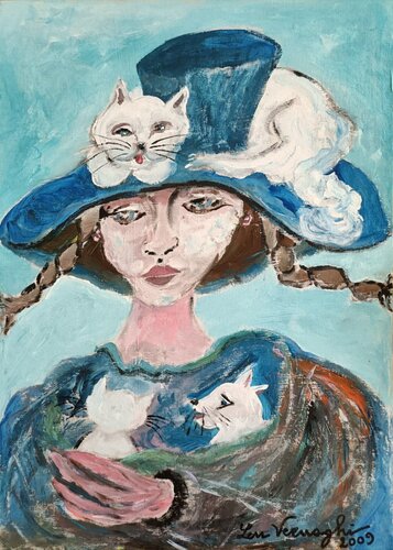 Ragazza con gatti by Len Vernaghi, Painting for Sale on Select