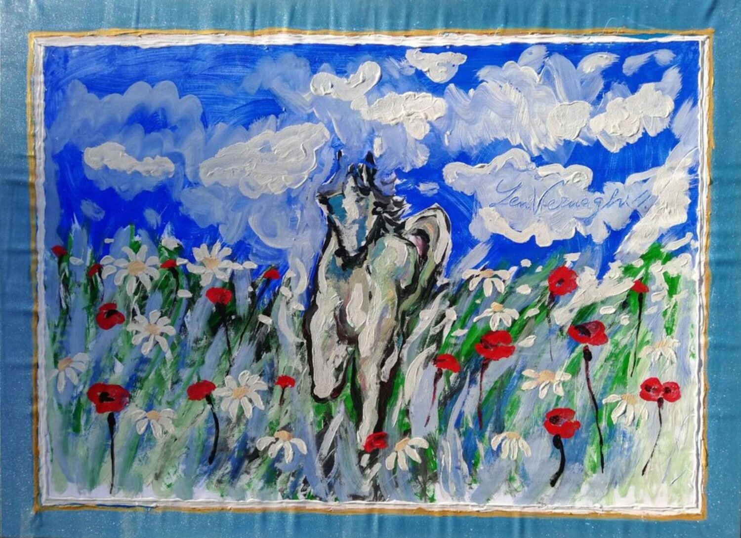 Cavallo in un prato fiorito Len Vernaghi Original painting for sale