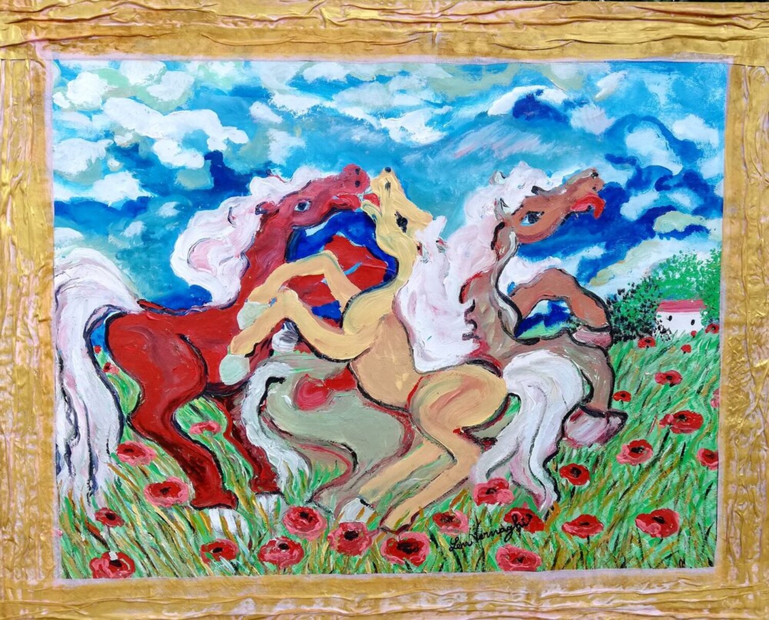 Gioco di cavalli sul prato Len Vernaghi Original painting for sale